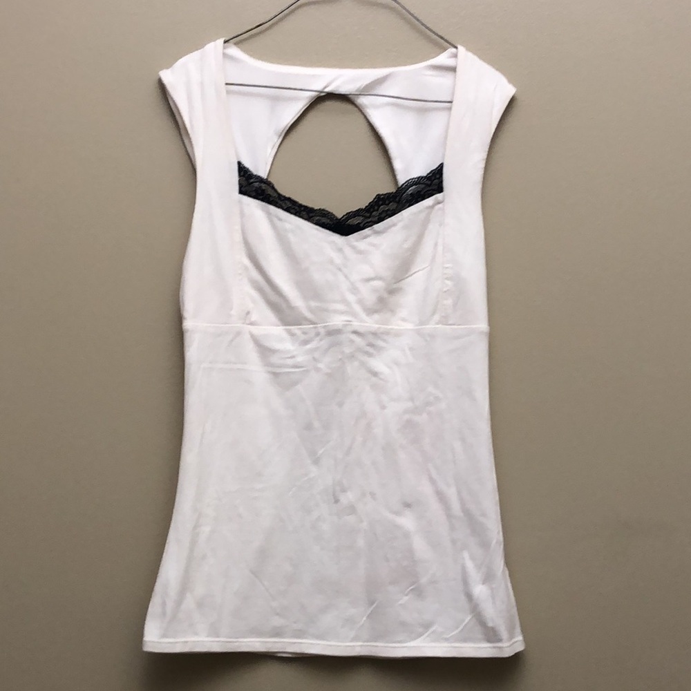 Express Ivory Blouse Square Neckline with Black Lace Detail and Back Cutout